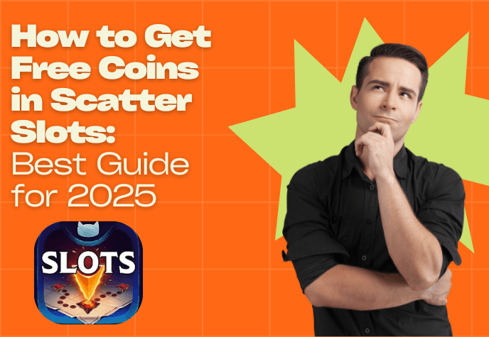Man striking a thinking pose over a green star, over an orange background. To the left is the text "How to get free coins in scatter slots: best guide for 2025" and underneath is the Scatter Slots game icon.