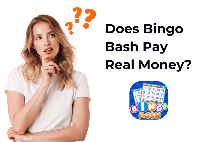 Woman striking a thinking pose with three orange question marks on top. To the right is the text in black "Does Bingo Bash pay real money?" and the Bingo Bash game icon underneath. All against a white background.