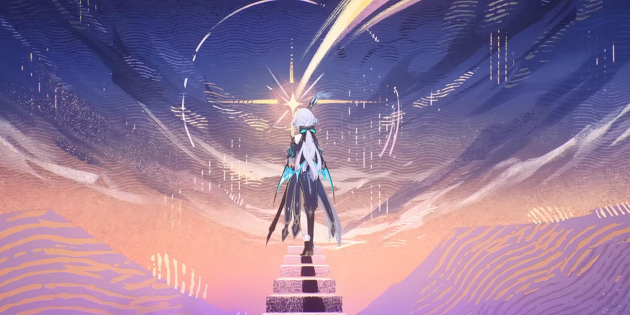 Cerydra character art standing against a colorful background with a shooting star streaking across the sky in the center.