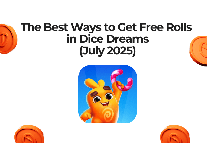 The Dice Dreams logo in front of a white background, with orange coins at the edge of the frame. To the top, in black, is the text: "The best ways to get free rolls in dice dreams".