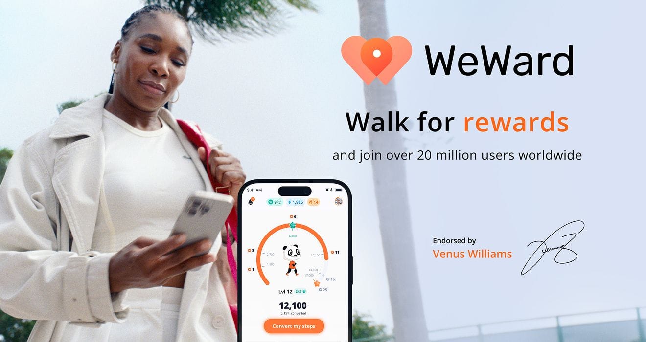 Person walking outdoors while using a smartphone, with WeWard app interface and slogan ‘Walk for rewards and join over 20 million users worldwide,’ endorsed by Venus Williams.