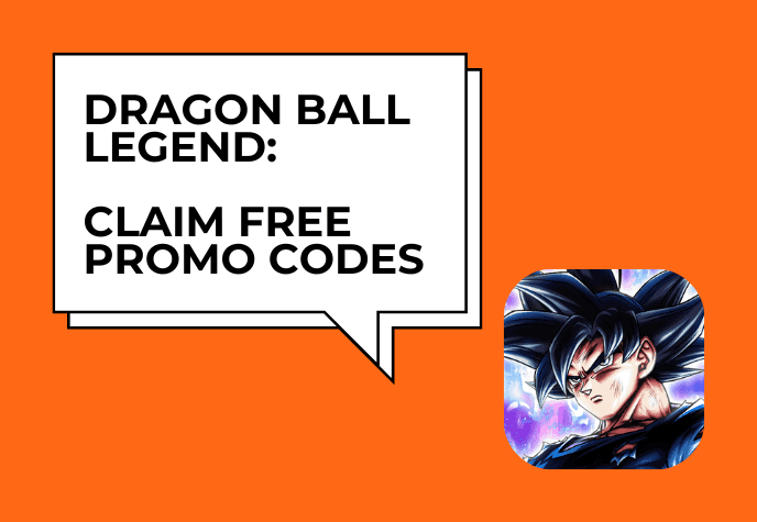 Against an orange background, to the upper left is the title text in black, upon a white dialogue box: "Dragon Ball Legend: Claim free promo codes". To the bottom right is the Dragon Ball Legend game icon.