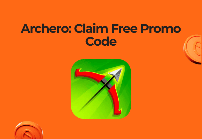 Against an orange background with orange coin to the right and bottom left, in the center is the Archero game icon and to the top is the black title text: "Archero: Claim free promo code".