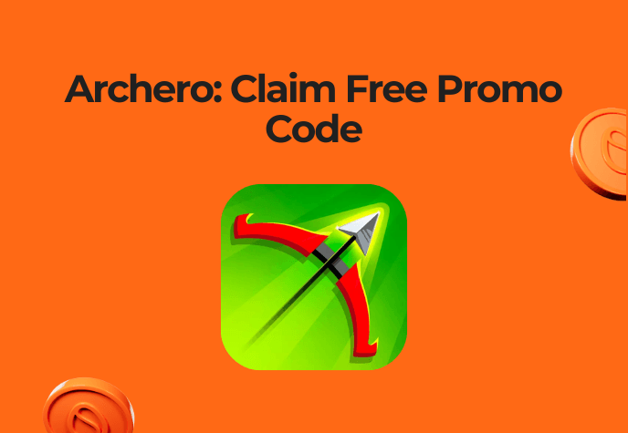 Against an orange background with orange coin to the right and bottom left, in the center is the Archero game icon and to the top is the black title text: "Archero: Claim free promo code".