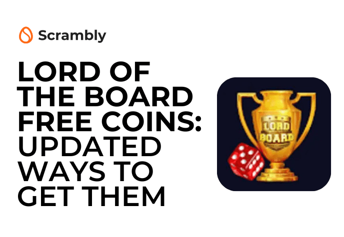 The main title "Lord of the Board free coins: Updated ways to get them" to the left, with the Scrambly icon and name above, and the Backgammon - Lord of the Board game icon to the right. All against a white background.