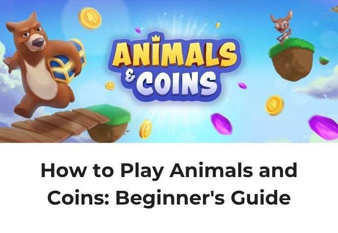 Animals and Coins title banner, with animal characters, flying gold coins and gems