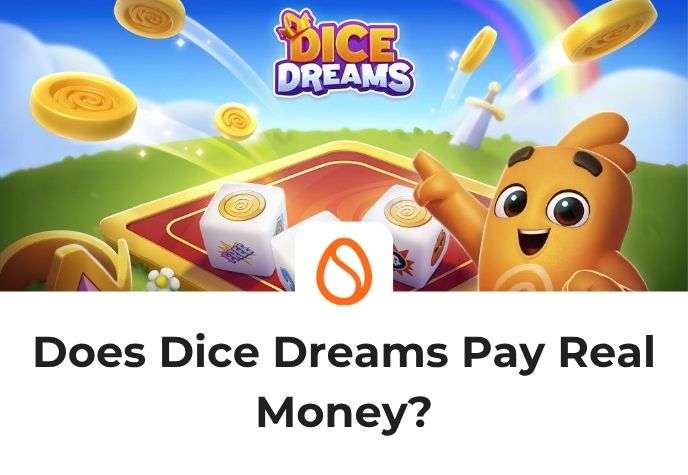 Dice Dreams title with the crown, the main character, and dice to roll as well as coins flying