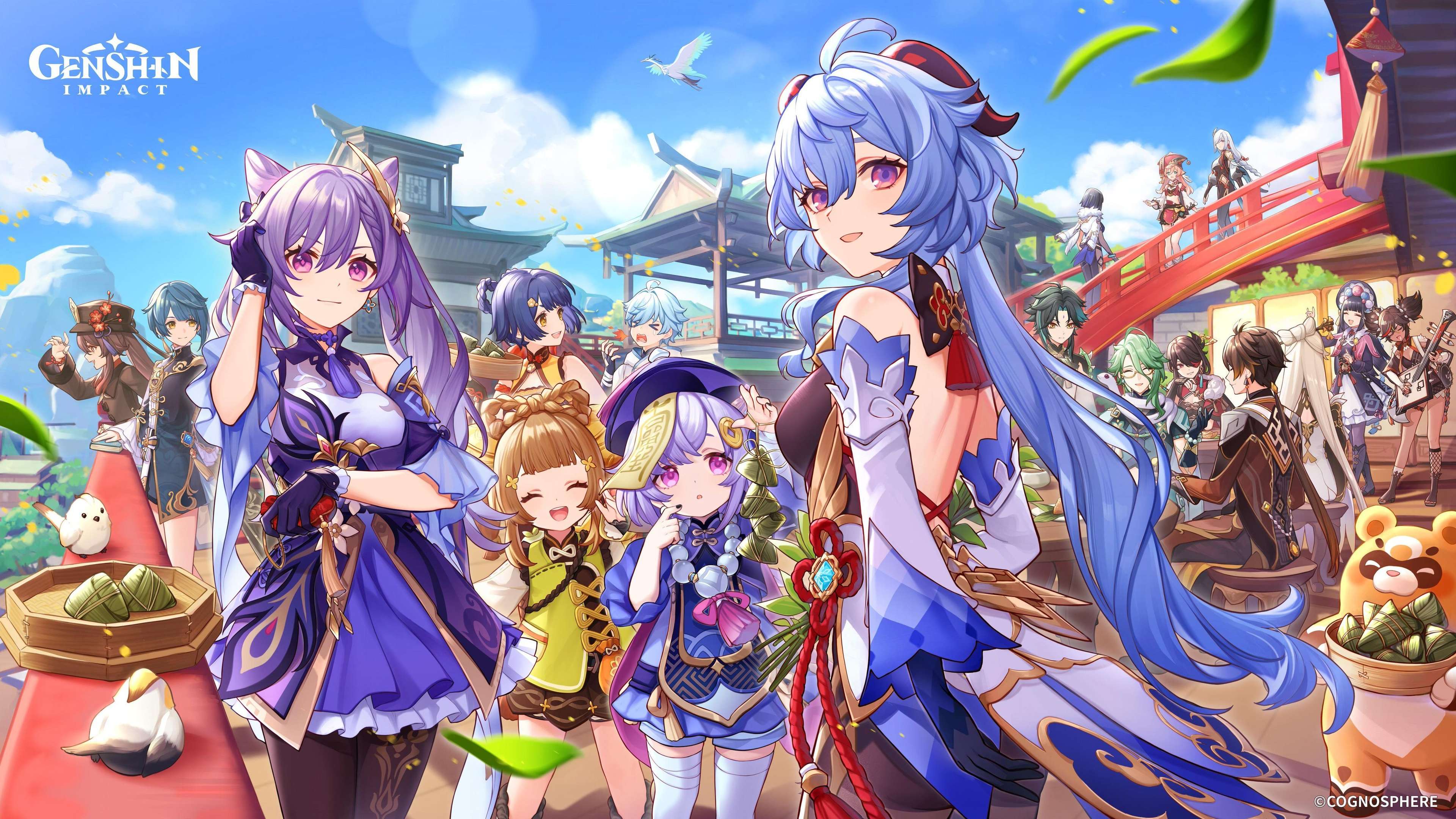 Genshin Impact game characters against a bright, sunny day background. The Genshin Impact game logo in white is in the top left corner.