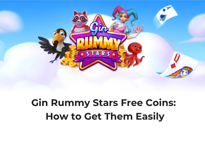 Official art with "Gin Rummy Stars" title card and orange "How to get free coins easily" title to the right. Underneath is the title in black text "Gin Rummy Stars free coins: How to get them easily".