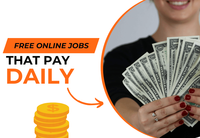 To the right is a smiling woman holding a wad of dollars, to the left is multi-colored title "Free online jobs that pay daily" and a stack of gold coins in the bottom, against a white background.