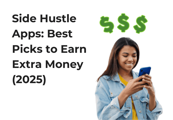 Black text "Side hustle apps: Best picks to earn extra money (2025). Person holding phone and smiling at it, with green money icons on top. All against white backgr