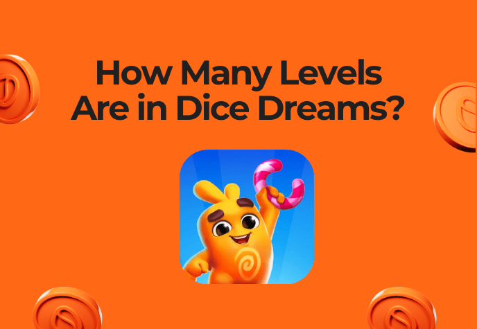 Thumbnail text "How Many Levels Are in Dice Dreams" with orange background and Dice Dreams icon below.
