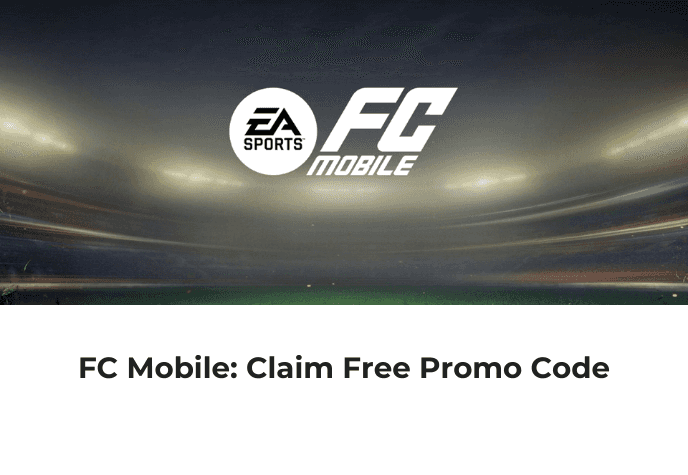 At the top, covering half the frame is the EA Sports FC Mobile game art, including the logo in white and a hazy football stadium in the background. At the bottom, against a white background, is the title text in black: "FC Mobile: Claim Free Promo Code".