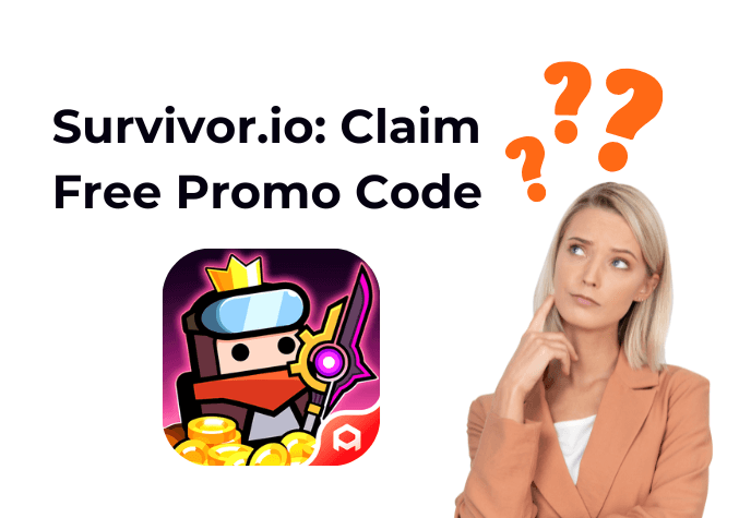 Against a white background, to the right is a woman striking a thinking pose with three orange question marks on top of her head. To the left is the Survivor.io game icon and on top of it is the title text in black: "Survivor.io: Claim Free Promo Code".