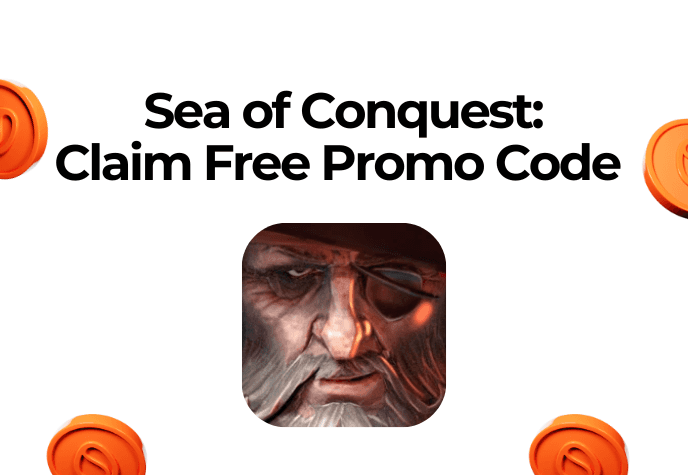 Against a white background with orange coins floating to the left, right, and bottom of the frame, the title text in black is shown in the center: "Sea of Conquest: Claim Free Promo Code" and the Sea of Conquest game icon to the bottom.