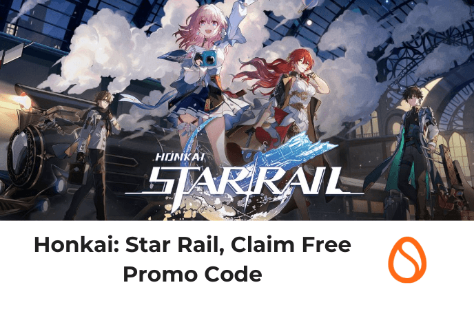 The official game art from Honkai Star Rail, with game characters and the Astral Express in the background and the Honkai Star Rail game title. At the bottom, against a white background in black text is the title: "Honkai: Star Rail, Claim Free Promo Code" and the orange Scrambly icon to its right.