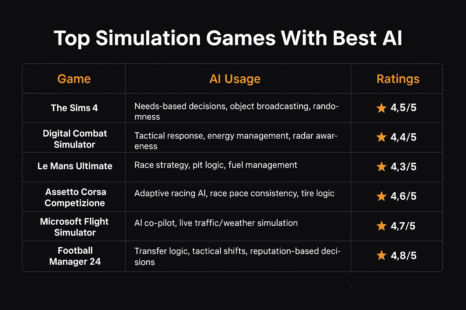 Image showing the text "Top Simulation Games With Best AI" and a tab consisting of best simulation AI games.