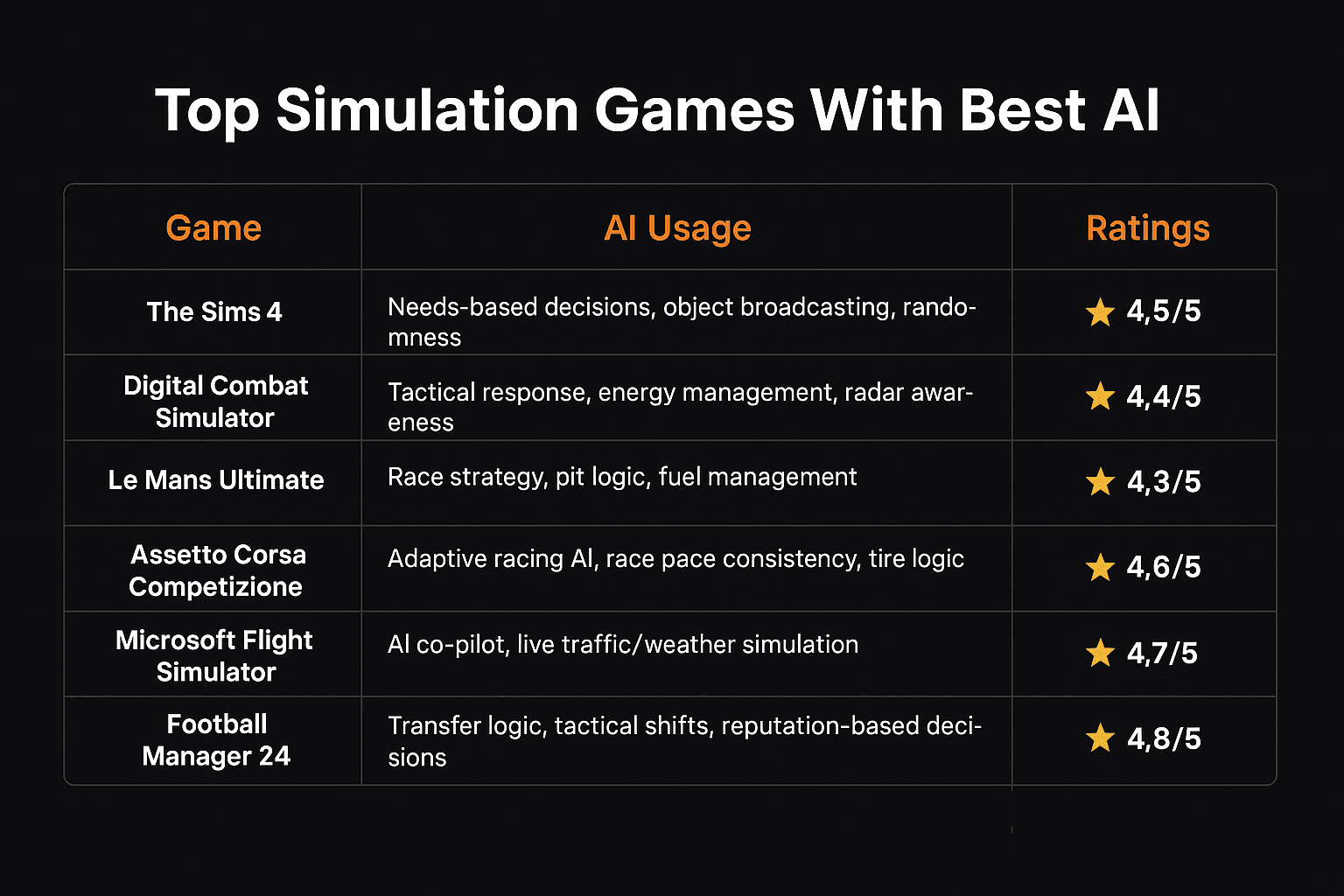 Image showing the text "Top Simulation Games With Best AI" and a tab consisting of best simulation AI games.