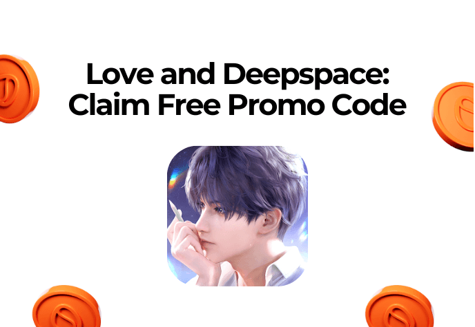 Against a white background, with floating orange coins to the left, right, and bottom, the Love and Deepspace game icon and to the top is the title text in black: "Love and Deepspace: Claim free promo code".