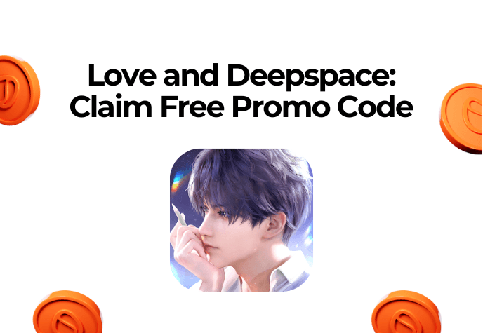 Against a white background, with floating orange coins to the left, right, and bottom, the Love and Deepspace game icon and to the top is the title text in black: "Love and Deepspace: Claim free promo code".