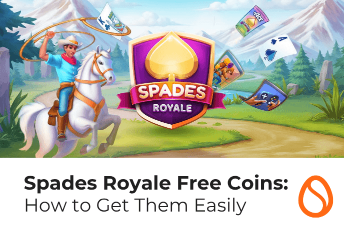On top is Spades Royale art. Beneath, in black text against white background is: "Spades Royale Free Coins: How to get them easily" and to the right is the orange Scrambly egg icon.