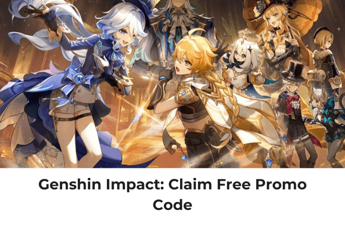 Art of characters from Genshin Impact on top. At the bottom, against a white background is the title text in black: "Genshin Impact: Claim free promo code".