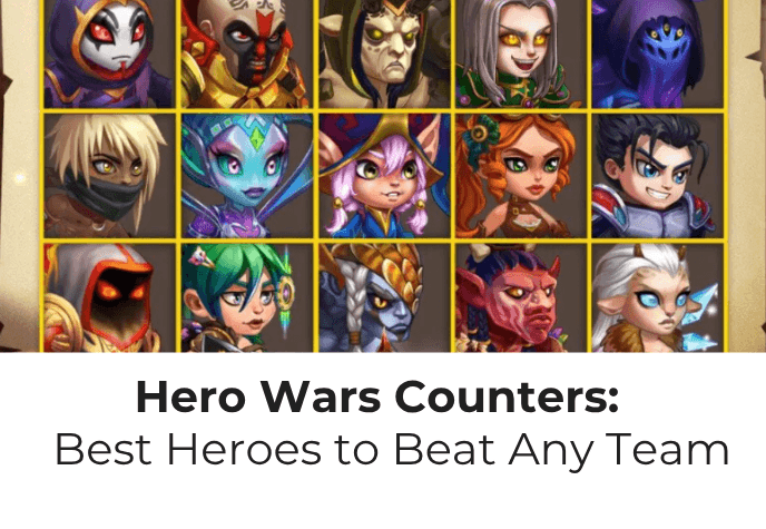 Graphics of game characters from Hero Wars with the text in orange "Hero Wars Counter", with black text against white background at the bottom: "Hero Wars Counters: Best Heroes to Beat Any Team".