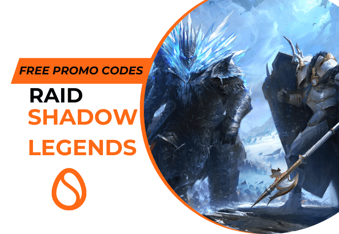 Game art from Raid Shadow Legend to the right in a circular shape, and to the left, against a white background, is the "Free Promo Codes" black text against an orange banner, and "RAID Shadow Legends" in black and orange. To the bottom of the title text is the Scrambly egg icon.
