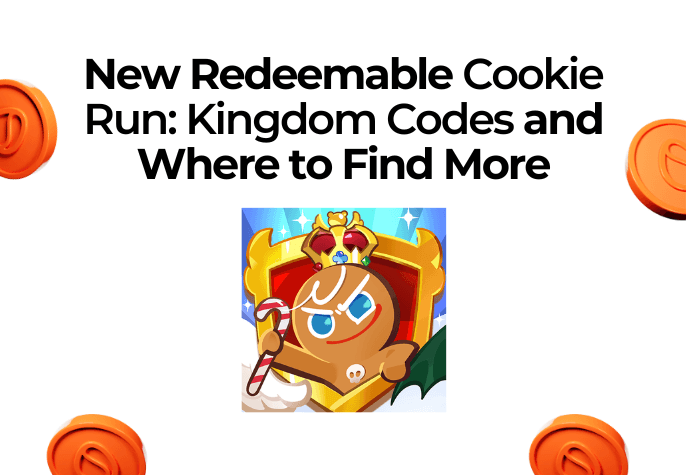 Against a white background, with orange coins floating to the left, right, and bottom of the frame, is the Cookie Run: Kingdom game icon in the center, and the black title text on top: "New Redeemable Cookie Run: Kingdom Codes and Where to Find More".
