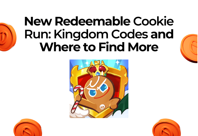 Against a white background, with orange coins floating to the left, right, and bottom of the frame, is the Cookie Run: Kingdom game icon in the center, and the black title text on top: "New Redeemable Cookie Run: Kingdom Codes and Where to Find More".