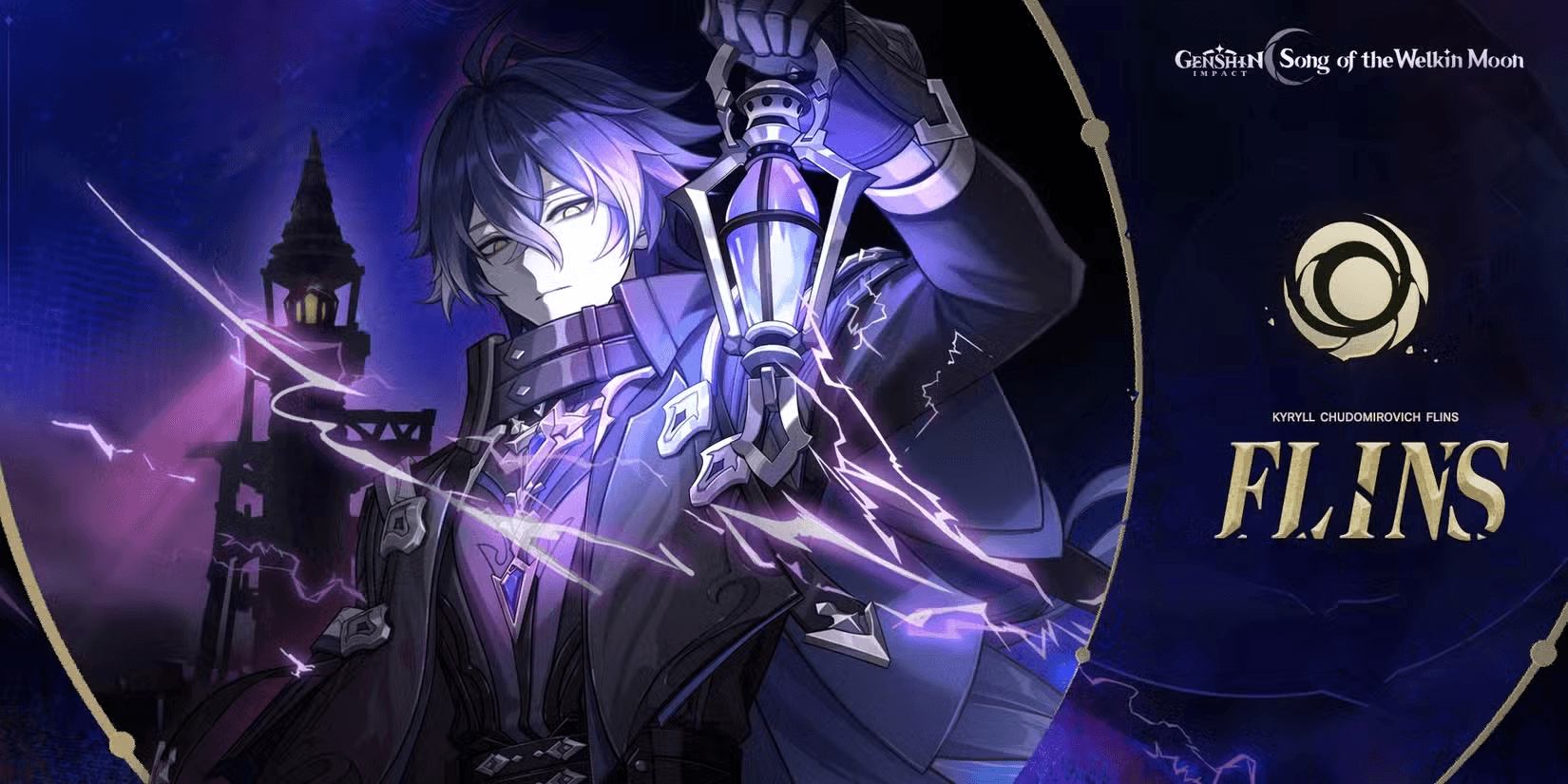 Darkly-colored concept art of the character Flins from Genshin Impact.