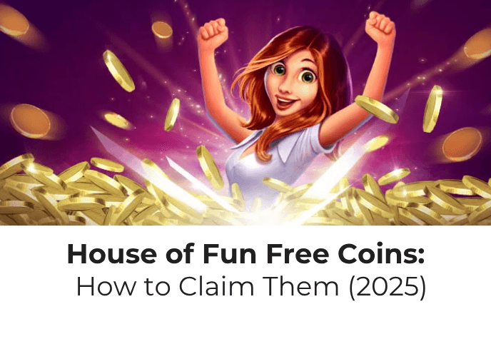 House of Fun art with a woman celebrating in a shower of gold coins. Underneath is the Scrambly.IO orange egg icon and beneath it is black text over white background: "House of Fun Free Coins: How to Claim Them (2025)".