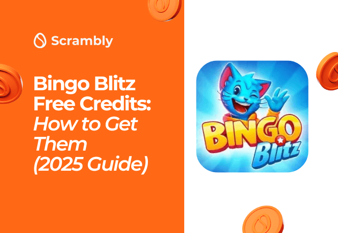 Bingo Blitz app icon to the right over white background, with Scrambly logo to the top right, and the title "Bingo Blitz Free Credits: How to Get them (2025 Guide)" at the bottom over orange background. There are orange coins floating at four corners of the image.