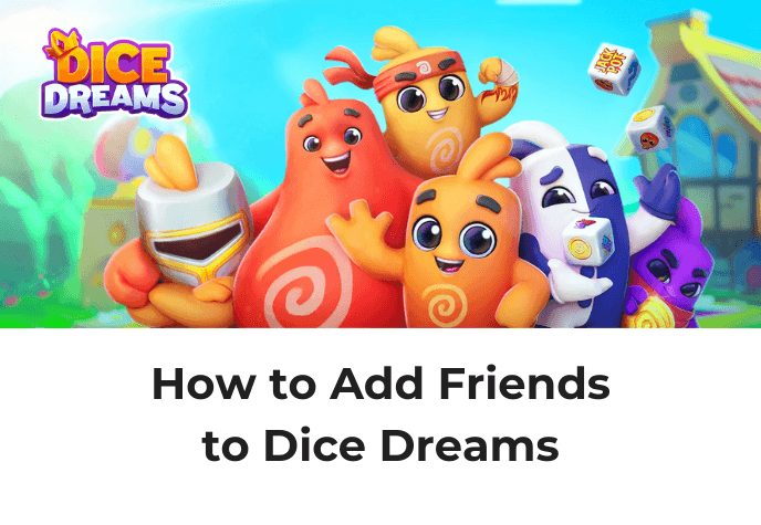 Dice Dreams title banner with orange character greeting motion