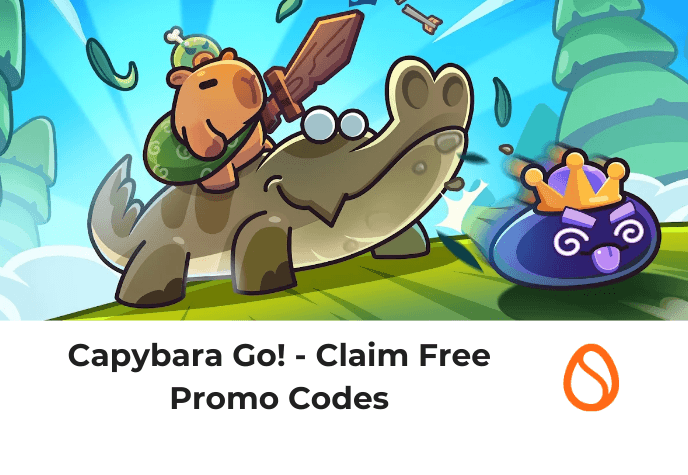 In the top half is the Capybara Go! official game art. At the right bottom is the title text in black: "Capybara Go! - Claim free promo codes" and to its right is the Scrambly orange egg icon.