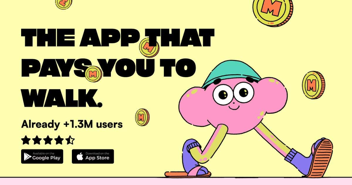 Cartoon character walking with coins around and text saying ‘The app that pays you to walk,’ promoting a walking rewards app with over 1.3 million users.